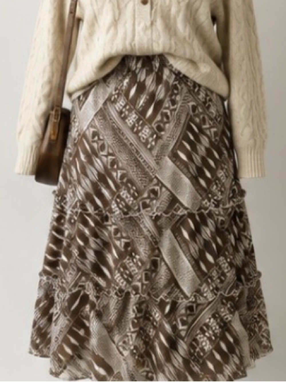 Alfred Dunner Brown Tiered Midi Skirt Size 16 Boho Geometric Ruffle Fall